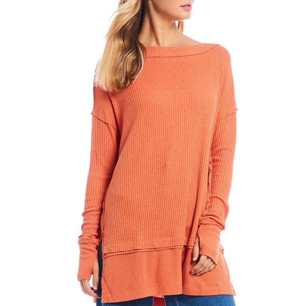 FREE PEOPLE Top Tunic North Shore Thermal Oversized Long Sleeve Coral NWT